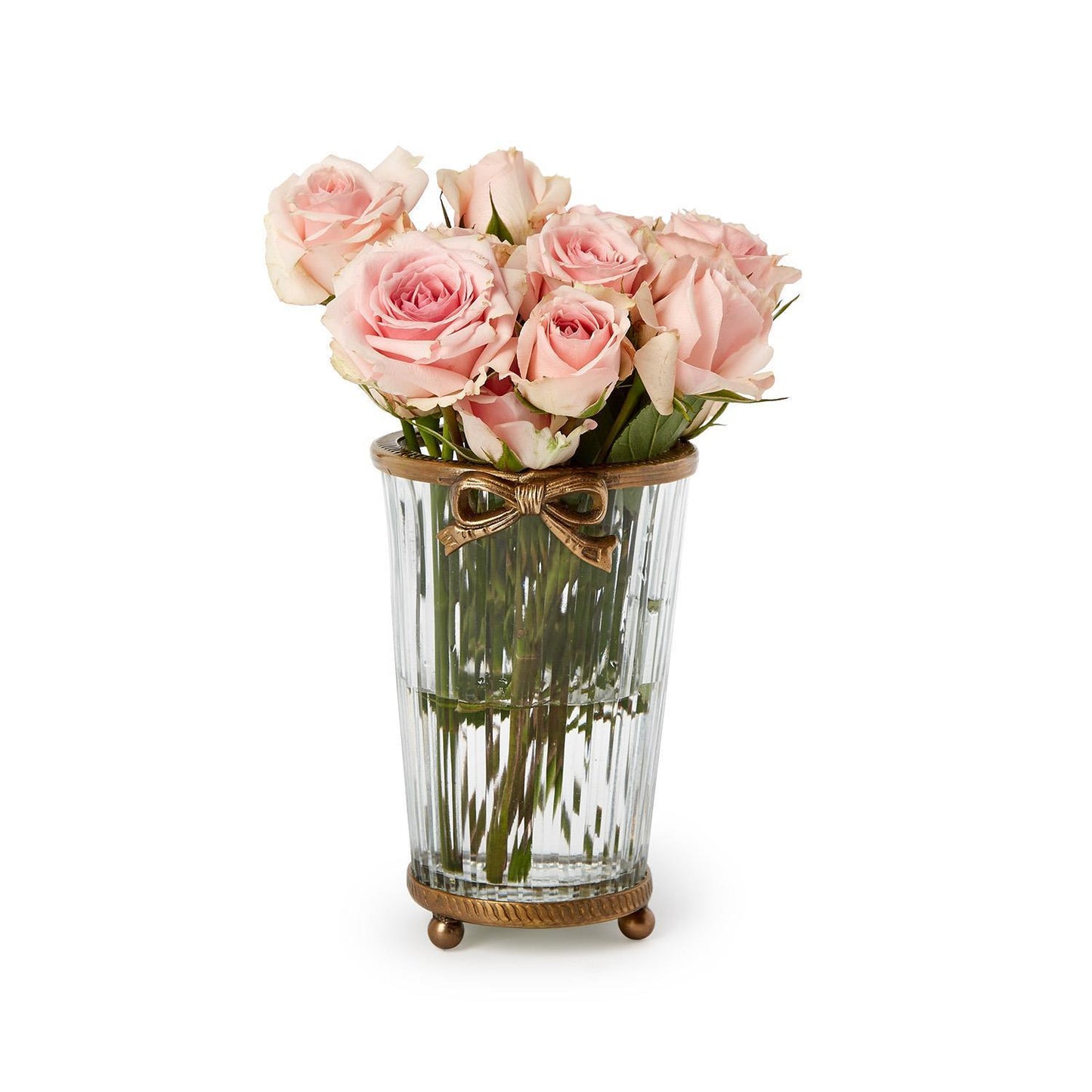 Antique Gold Finish Hand Cut Glass Vase w/Bow Accent