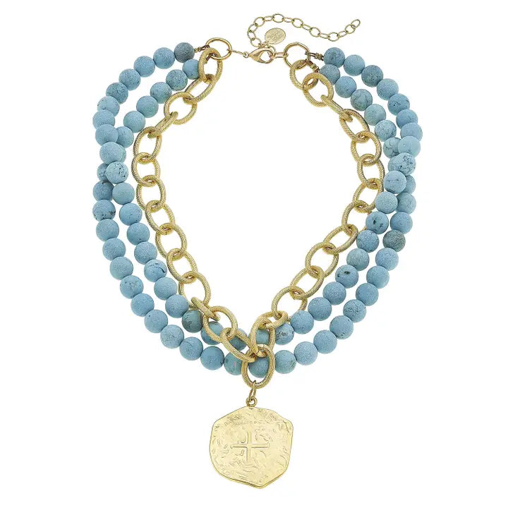 Gold Coin On 3 Row Genuine Matte Turquoise Necklace