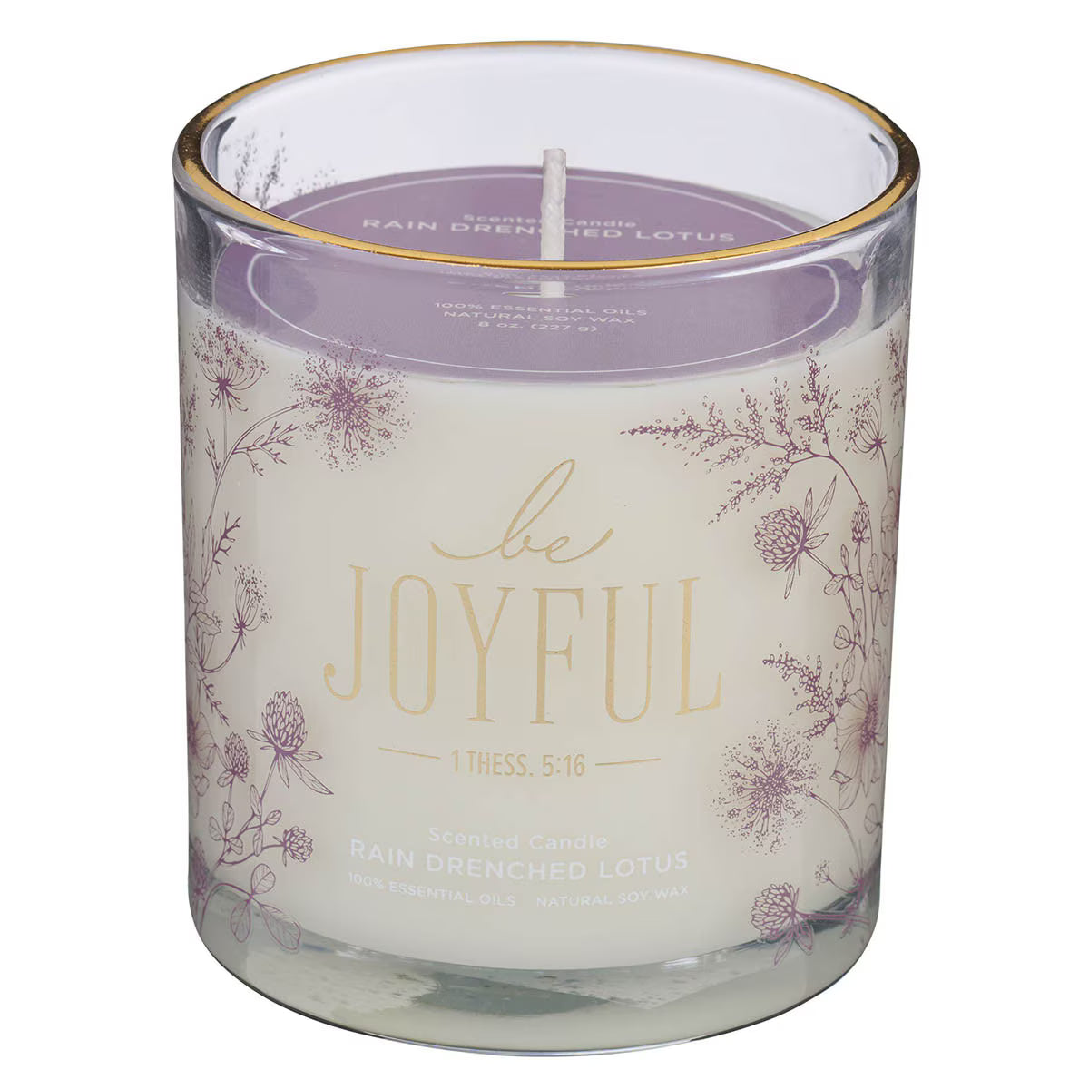 Always Be Joyful Dusty Mauve Rain-Drenched Lotus Scented Candle in a Glass Jar - 1 Thessalonians 5:16.