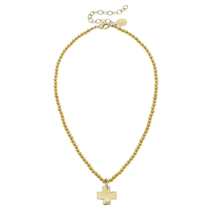 Gold Cross On Gold Beaded Necklace
