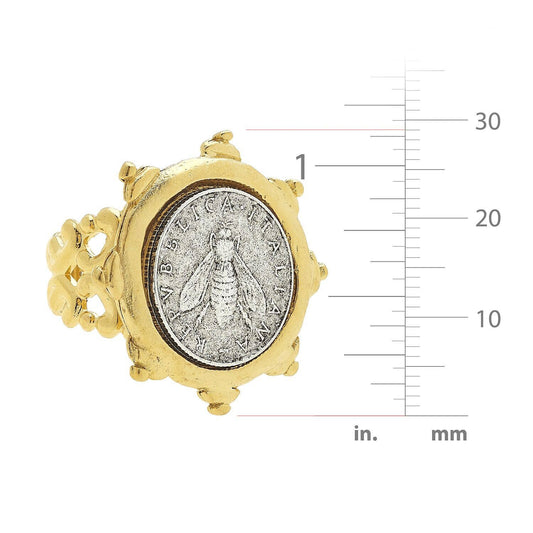 Handcast Gold and Silver Italian Bee Coin Adjustable Ring