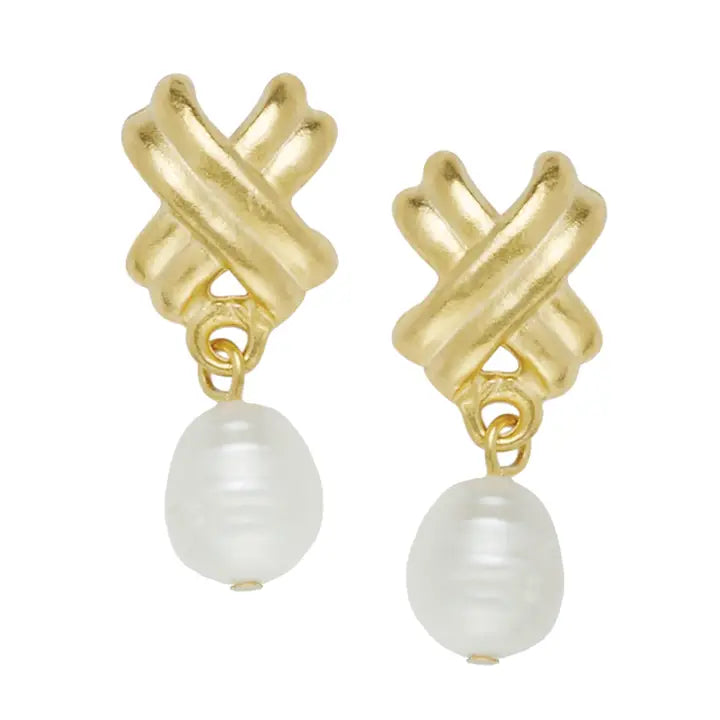 Gold Small Texas X's with Freshwater Pearl Earrings