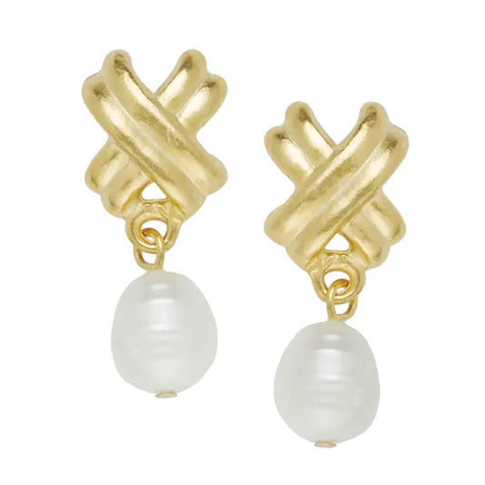 Gold Small Texas X's with Freshwater Pearl Earrings