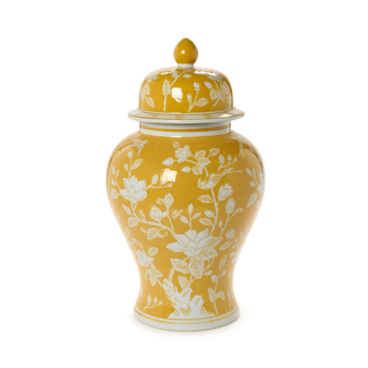 Flora and Fauna 18" Yellow and White Covered Temple Jar - Porcelain