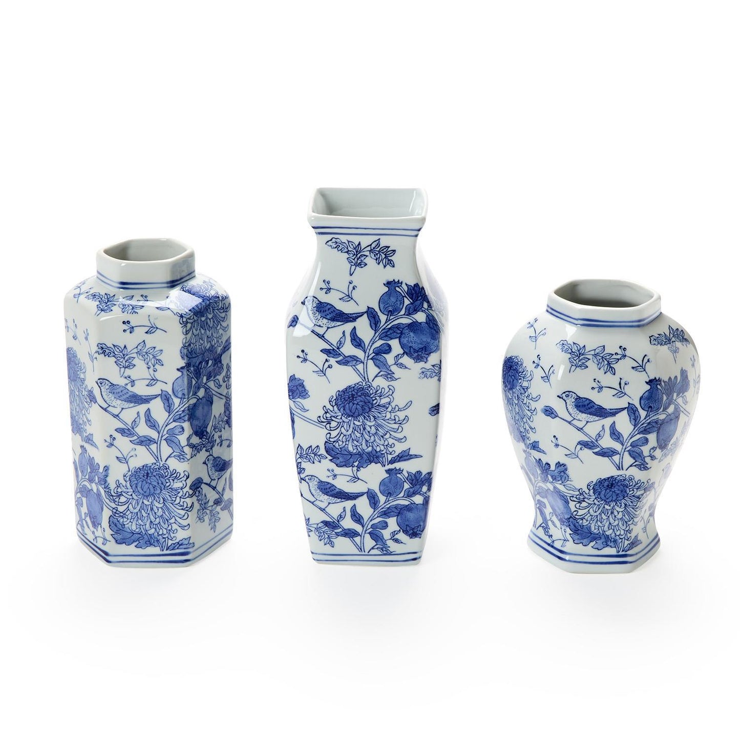 Chrysanthemum Hand-Painted Blue and White Chinoiserie Vases