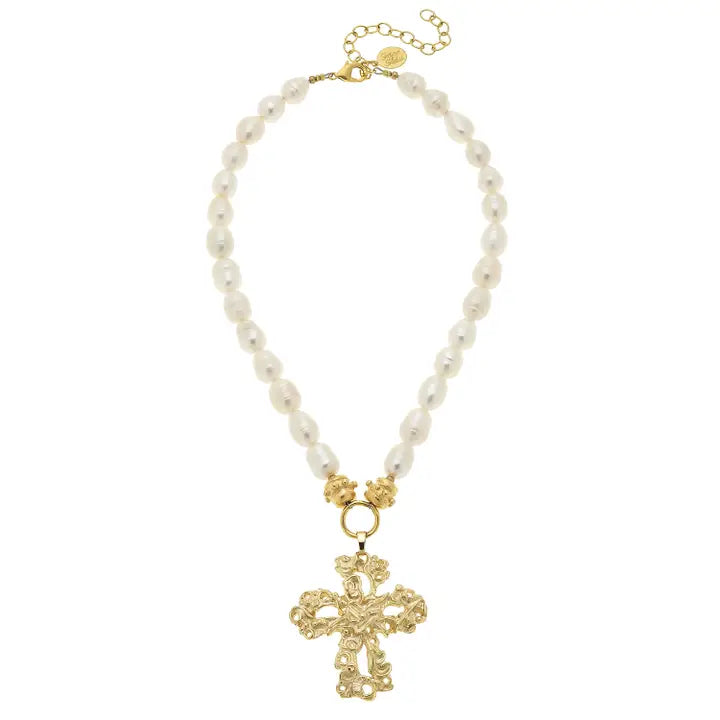 Gold Cross On Genuine Freshwater Pearl Necklace