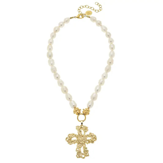 Gold Cross On Genuine Freshwater Pearl Necklace