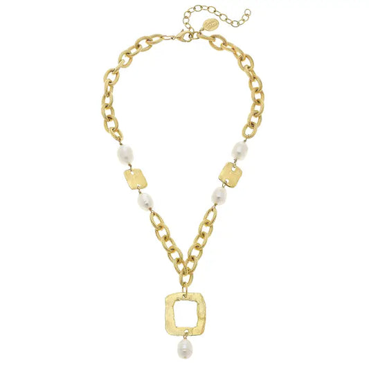 Gold Square and Genuine Freshwater Pearl Chain Necklace