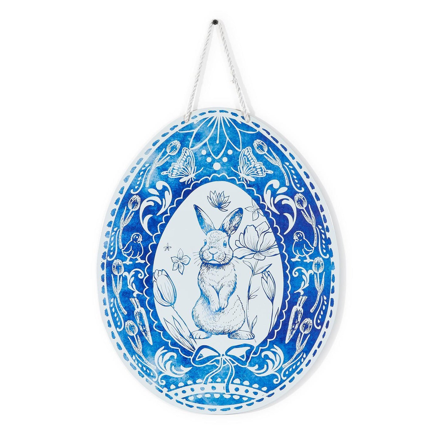 Blue and White Egg with Bunny Motif Door / Wall Hanger - Iron/Cotton Rope