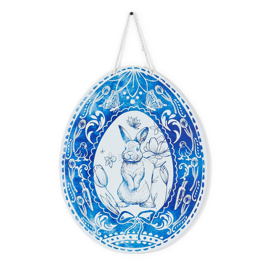 Blue and White Egg with Bunny Motif Door / Wall Hanger - Iron/Cotton Rope