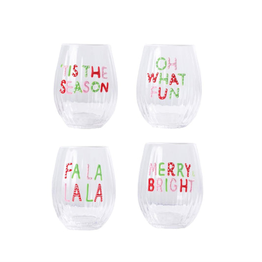 Stemless Wine Glass with Holiday Wishes, Hand-Painted 3D Effect Letters and Painted Rim