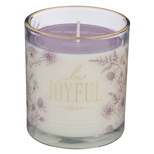 Always Be Joyful Dusty Mauve Rain-Drenched Lotus Scented Candle in a Glass Jar - 1 Thessalonians 5:16.