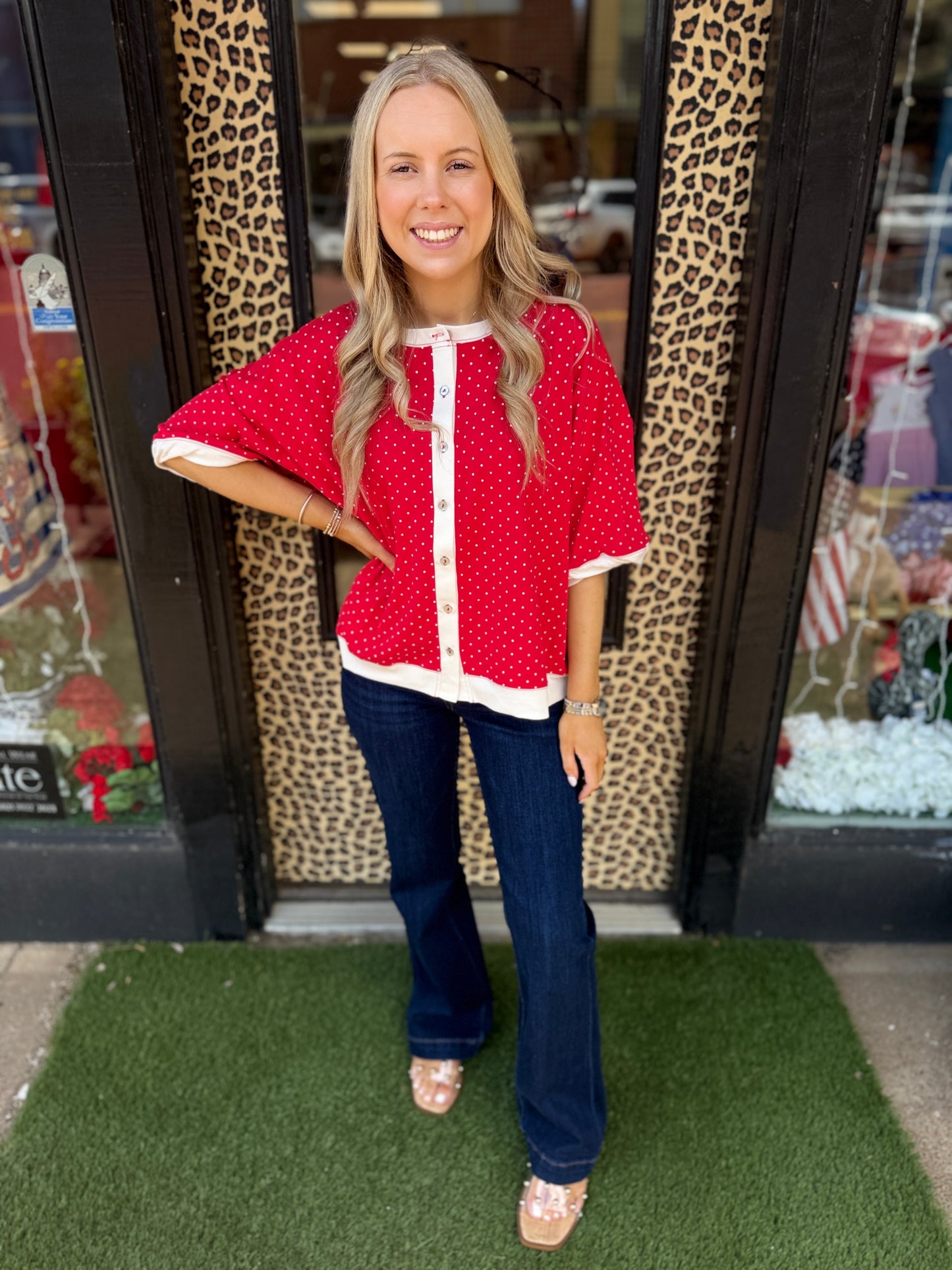 Relaxed Fit Polka Dot Button Front Top