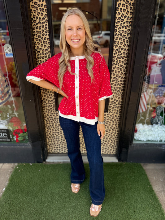 Relaxed Fit Polka Dot Button Front Top