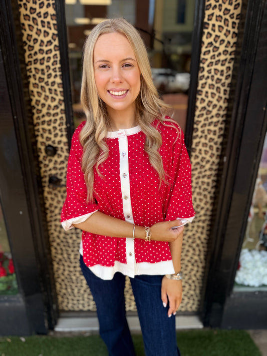 Relaxed Fit Polka Dot Button Front Top