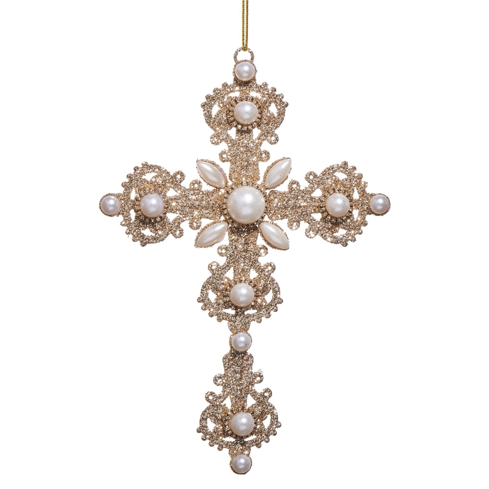 6.5" Glitter And Pearl Cross Ornament