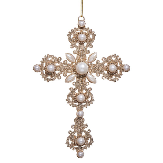 6.5" Glitter And Pearl Cross Ornament