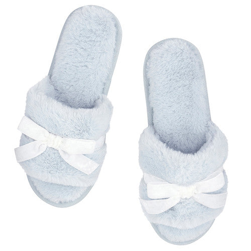 Plush Satin Bow Slippers - Spa Blue + White Bow