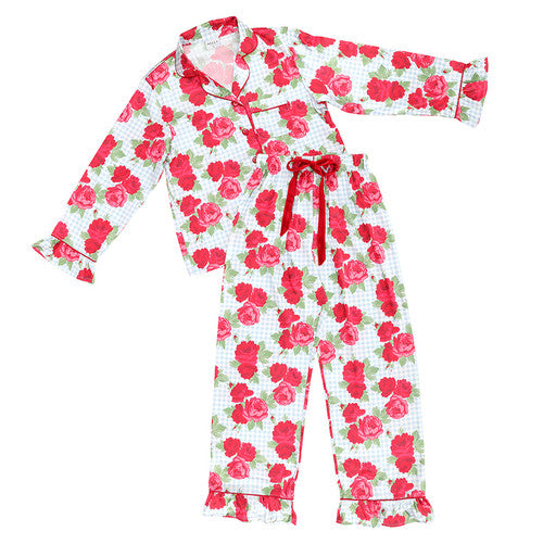 Full-Length Ruffled PJ Set with Velvet Tie - Blue Gingham + Red Roses