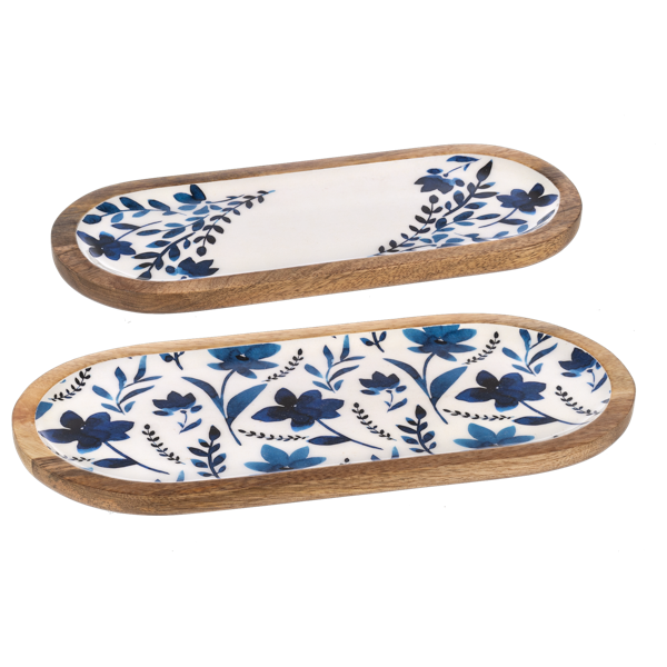 Oval Blue & White Watercolor Floral  Serving Tray