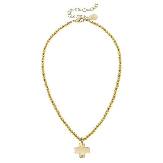 Gold Cross On Gold Beaded Necklace