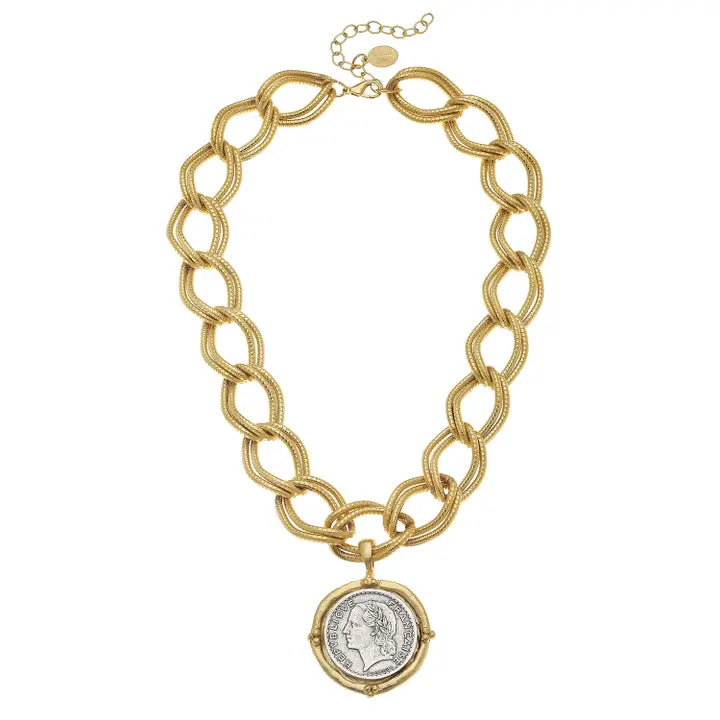 Gold and Silver Coin On Gold Chain Necklace